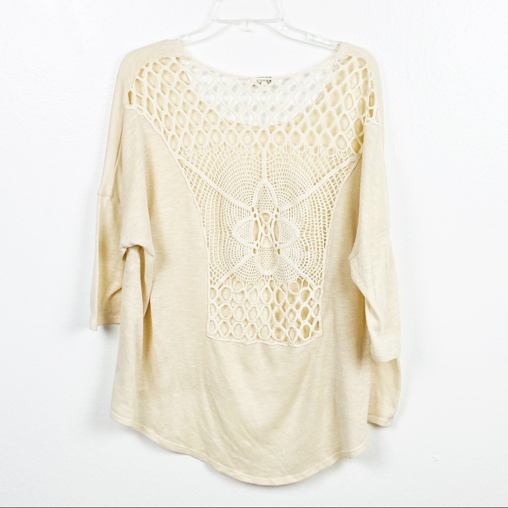 UMGEE Cream Back Crochet High Low 3/4 Sleeves Top XL Boho Festival Concert - Picture 1 of 9